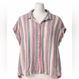 Linen Orvis Pink Blue Cream Striped Button-Down Shirt